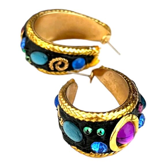 Vintage Earrings Gripoix Style Gold Tone Hoops Blue Cabochons Classic Chic 7J - Picture 8 of 9